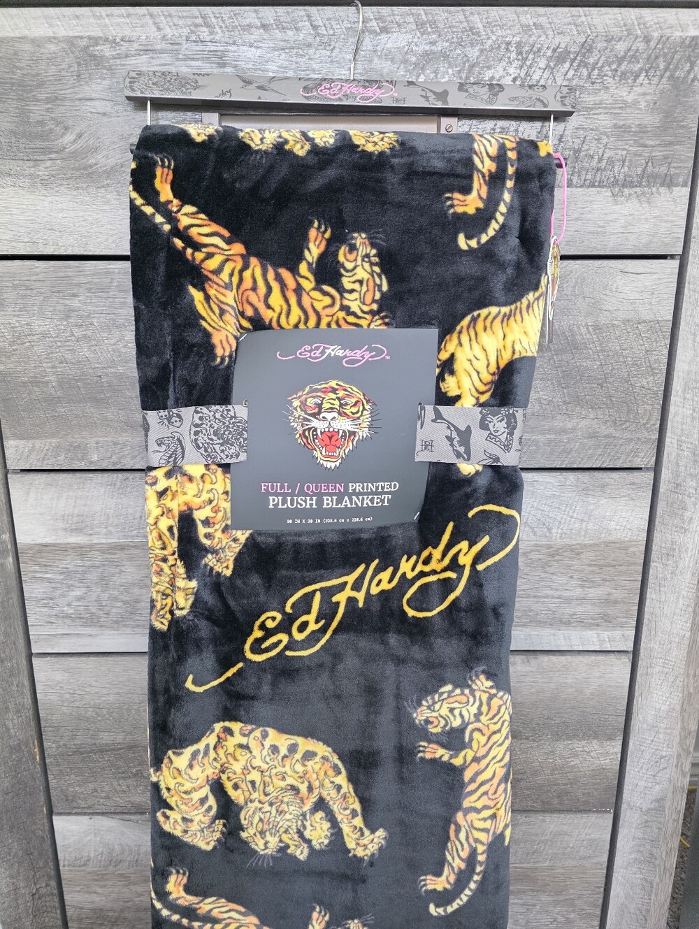 Ed Hardy QUEEN Tiger Printed Black Throw Blanket New
